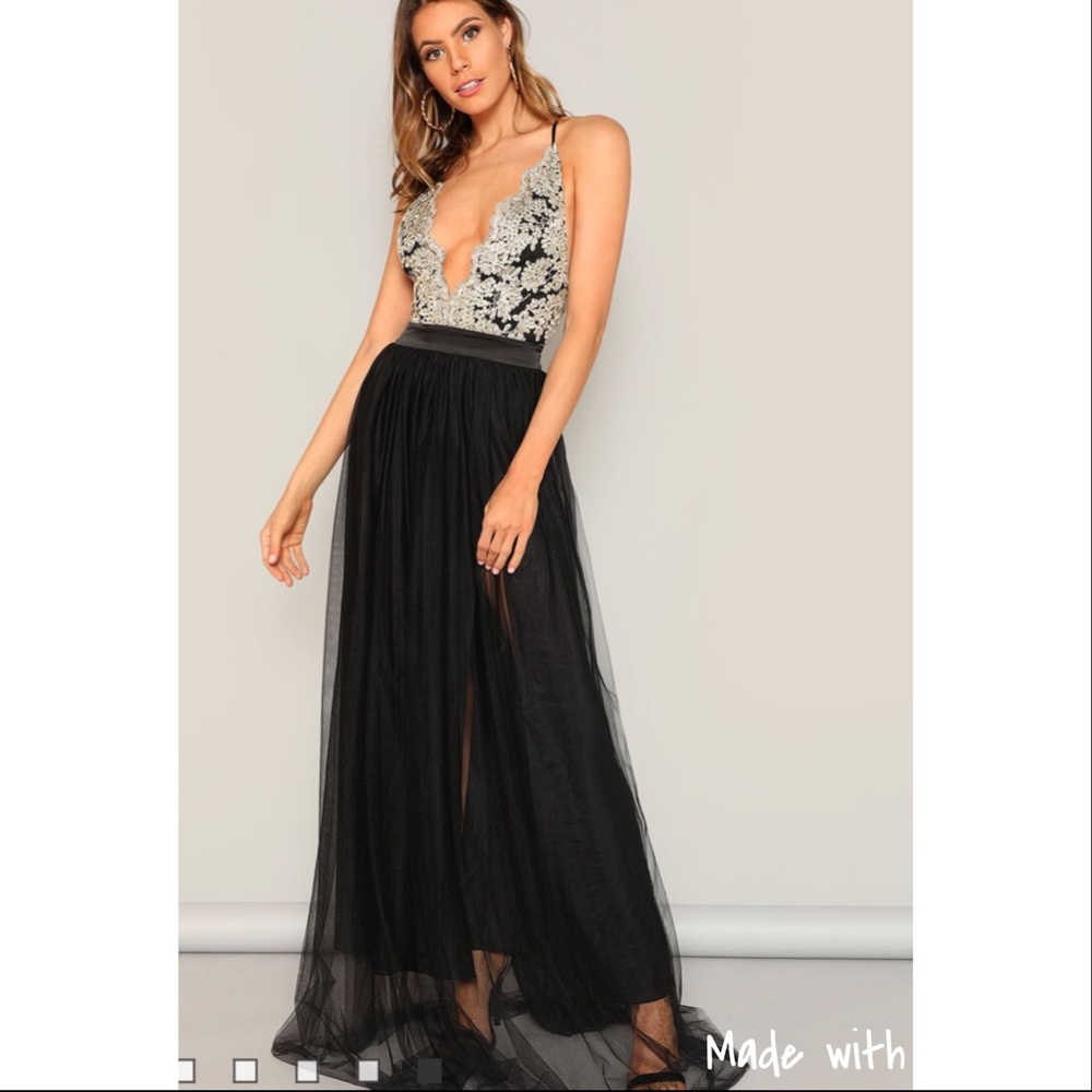 Semi Formal Mesh Flowy Prom Dress